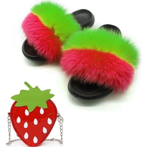Lovely Girls Fox Fur Slippers Cute Fruits Strawberry Shoulder Bags Sets Womens Real Fox Hair Furry Slides Ladies Party Purse