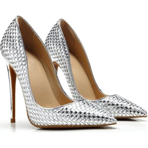 Bling Braided grid Gold silver Banquet Pumps Stiletto Heels Slip-On Pointed Toe 12 10 8 cm High Heels Women Single Dress Shoes