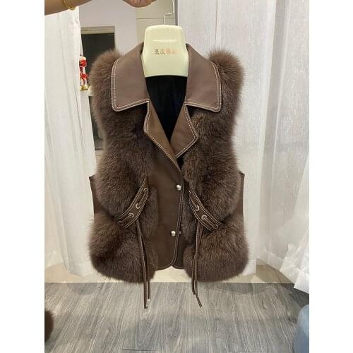 2021 Winter New Arrival Women Female Real Fox Fur Short Jeans Print Style Collar Genuine Leather Fox Fur Vest Sleeveless Gilet