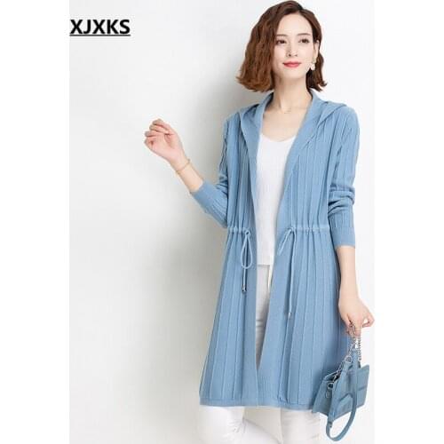 XJXKS Fashion Hooded Women Long Sweater 2021 Autumn New Fashion Wool Knitted Long Cardigan Women Jacket