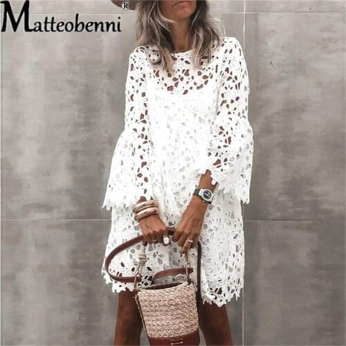 2021 New Lace Flared Sleeve Ruffled Dress Two-Piece Women Spring And Summer Hollow Out Solid O-Neck Elegant Casual Party Dress