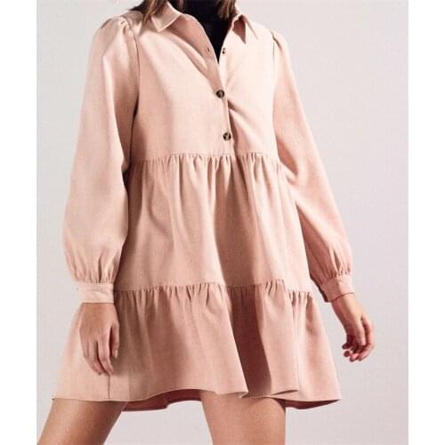 Women 2021 Chic Fashion Corduroy Ruffle Trim MINI Dress Vintage Lapel Collar Long Sleeve Female Dresses Casual Vestidos Mujer