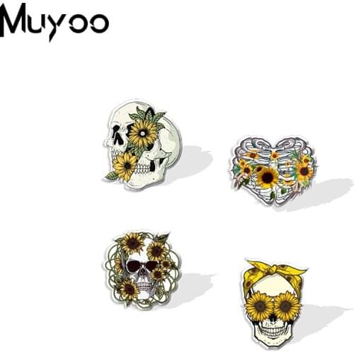2021 New Skull with Sunflower Paintings Graffiti Handmade Epoxy Acrylic Lapel Pins Clothing Pins