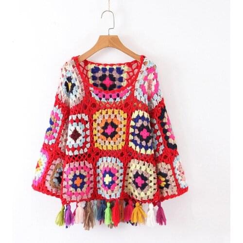 2021 European and American Fashion Womens Hand Crochet Color Hollow Sweaters Tassel Retro Oversized Sweater Z798