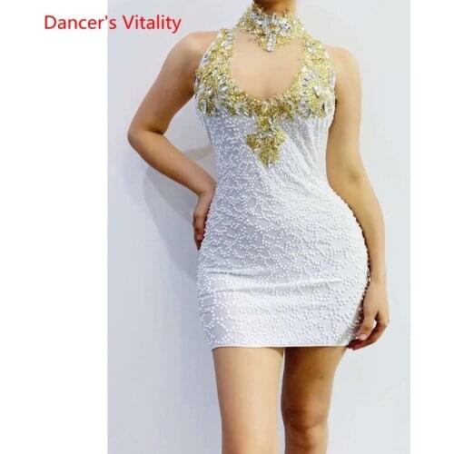 Gold White Rhinestone Halter Short Dress Women Dancer Show Outfit Birthday Celebrate Prom Dance Beading Bodycon Dress