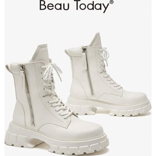 BeauToday Chunky Ankle Boots Women Calfskin Leather Round Toe Side Zipper Lace Up Jagged Thick Sole Female Shoes Handmade 03566