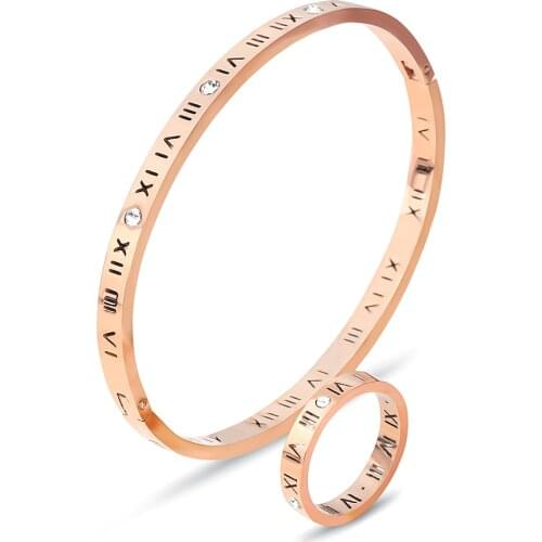 Rose Gold /Gold/Silver Color Stainless Steel Roman Bangle & Ring Jewelry Set for Women Fashion Jewelry