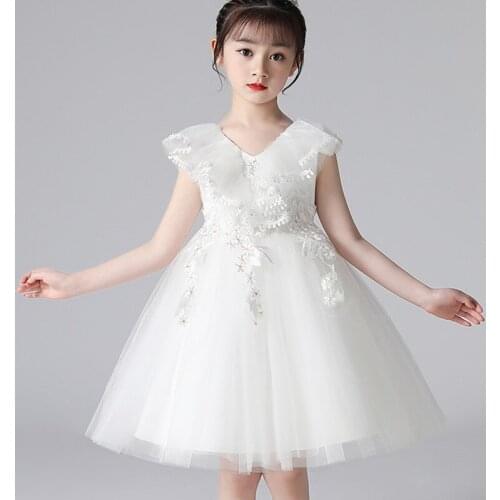 Flower Childrens Wedding Dress Summer Mesh Pompous Princess White Dress Spot Childrens Princess Skirt Girl