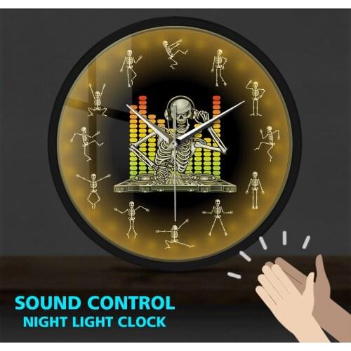 DJ Music Skull Dance Party Metal Frame LED Wall Clock Sound Control Funny Dancing Skeletons Halloween Home Decor Hanging Watch