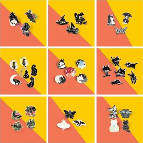 Sun Moon Fox Koi Custom Animal couple Witch Cat Enamel Pin Brooches Bag Lapel Pin Rabbit Bat Moth Gothic moon Badge Jewelry Gift