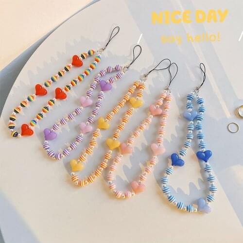 Europe Disc Beads Crystal Chain For Phone Mobile Phone Lanyard Smile Cell Phone Chains 2021 Love Heart String Wristband Bracelet