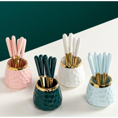 Ceramic Cutlery Set Fork Coffee Spoon Flatware Set with Storage Jar Fruit Cake Dessert Dinnerware Kitchen Accessories Supplies