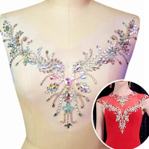PHOENIX Wing V-Neck Sew On Sequin Mirror Rhinestones Crystal Beaded Trim For Bridal Design Sewing Dresses Appliques For Clothes