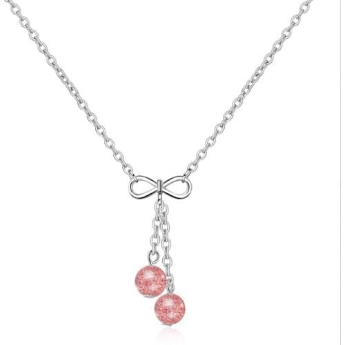 TJP Trendy Girls 925 Sterling Silver Necklace For Women Jewelry Fashion Pink Crystal Bowknot Lady Choker Necklace Accessories