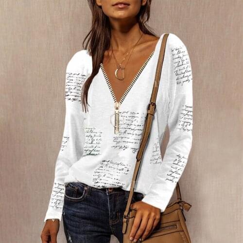 Fashion Autumn Women T-Shirt Zipper V-Neck Letter Printed Long-Sleeved Casual Female Shirt Loose Vintage Sexy Ladies T-Shirt Top