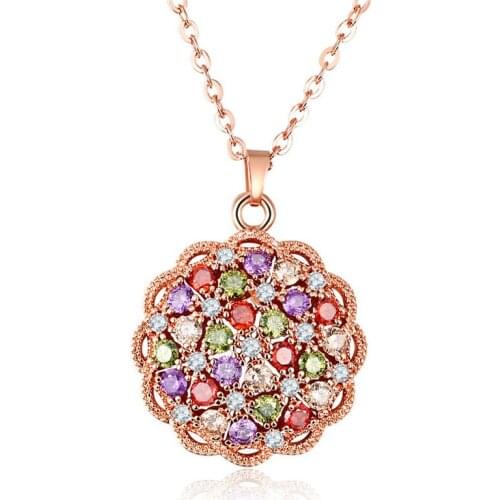 ZSLBS Fashion Pendant Necklace For Women Necklaces Crystal Round Flower Rose Gold Copper Zircon Colorful Bijoux Collier Elegant