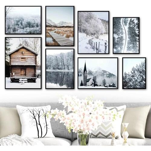 Snow Mountain Forest Lake Dead Grass Road Wall Art Canvas Painting Nordic Posters And Prints Wall Pictures For Living Room Decor