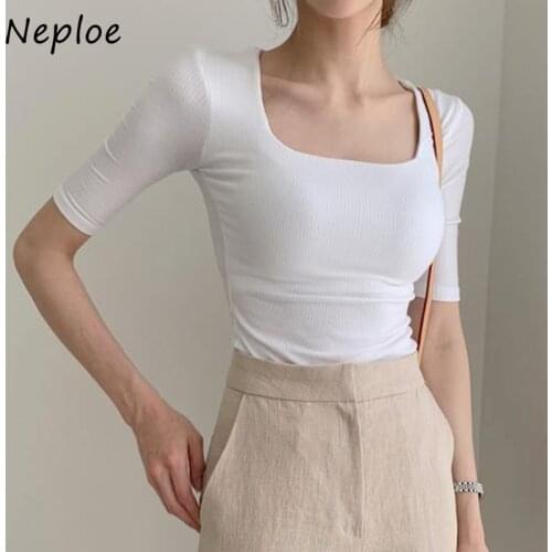 Neploe Square Collar Sexy Clavicle Exposed Solid T Shirt Women Pullover Short Sleeve Slim Fit Tees Summer 2021 New Simple Top