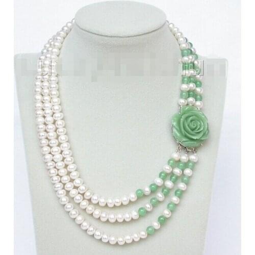 Good shipping 17"-20" 8mm 3row round white freshwater pearls green necklace