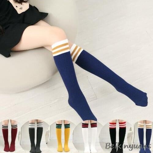 Spring and Autumn Childrens Student Socks Campus Two Bars Vertical Stripe Socks Cotton Girls Long Socks Over Knee Socks