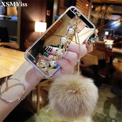 XSMYiss Fluffy Ball Rhinestone Pearl Diamond Bracelet Mirror Soft Phone Case For SamsungA8 A6 PLUS A50 A70 j5 j7 2017 j6 j8 2018