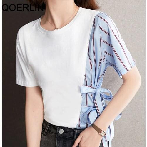 QOERLIN Patchwork Striped Lace-Up Women T-shirt Summer Short Sleeve White Tops Girls Students Loose Casual Basic Tops Plus Size