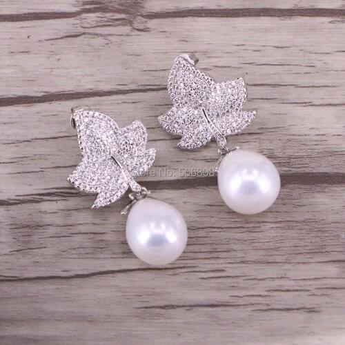 3 Pairs ZYZ-E4848 White Shell Pearl Leaf Earring CZ Zirconia Pave Silver Color Dangle Jewelry Earrings For Women