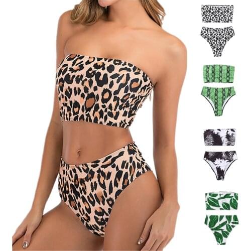 Womens Triangle Bikini Bathing Suits Sexy Leopard Leaf Print Swimwear Set Tube Top 2 Pieces Push Up Swimsuit Bathing Suits