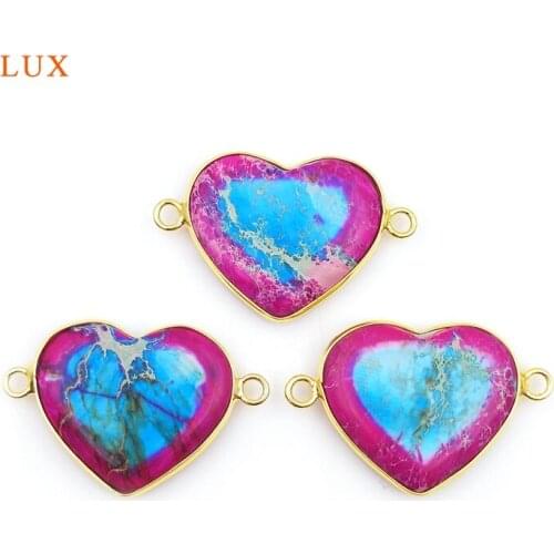 2pcs Natural Sky Blue Emperor Stone Heart Shaped Pendants Two Hole Connector Charm Woman Jewelry Making Necklace DIY Bracelet