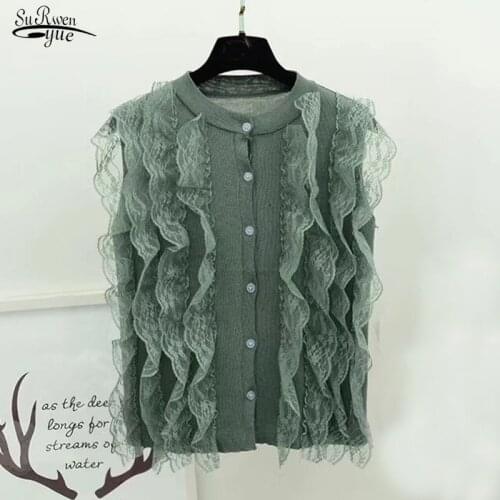 2021 Summer Knitted Shirt Women Blouse Lace Patchwork Sleeveless Womens Shirt Button Tops Clothes Blusas Mujer De Moda 15197