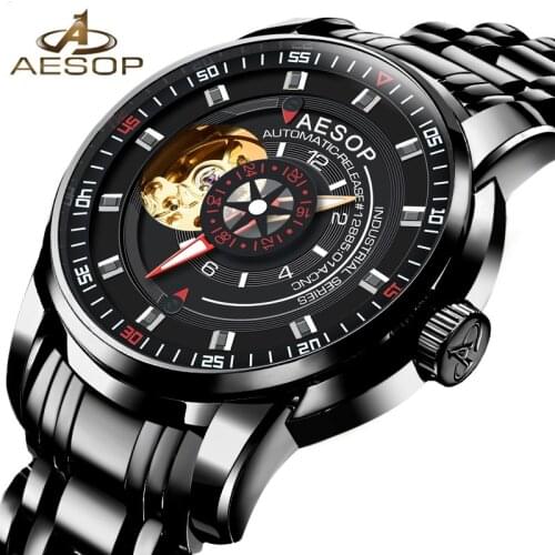AESOP Clock Sport Series Skull Design Black Stainless Steel Skeleton Watch Mens Automatic Watches Top Brand Sapphire Watch Men