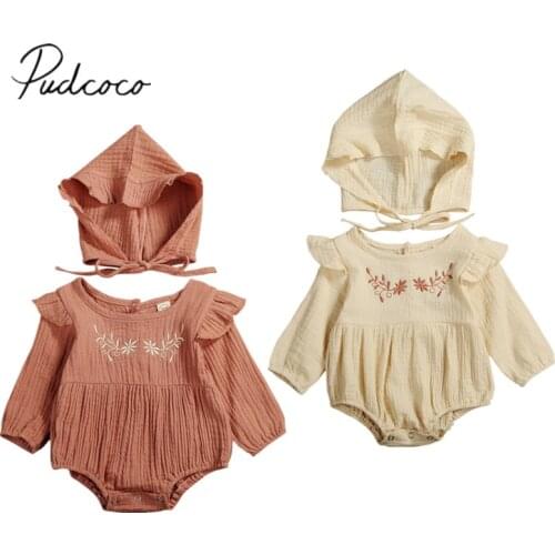 2020 Baby Spring Autumn Clothing Newborn Baby Girl Cotton&Linen Clothes Ruffle Romper Embroidery Jumpsuit Hat 2PCS Outfit