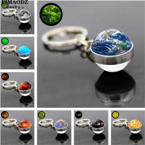 FIMAODZ Glow In The Dark Earth Planet Keychain Solar System Moon Galaxy Nebula Double Side Glass Ball Key Chain Luminous Jewelry