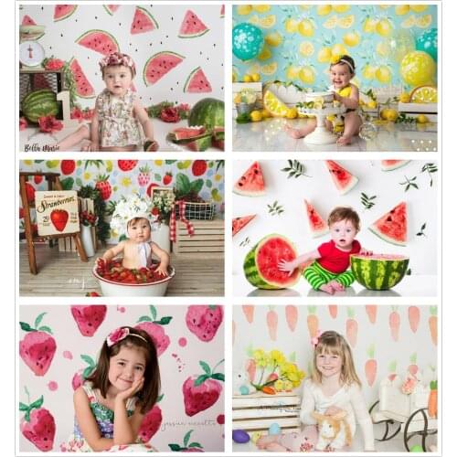 Photography Backdrops Summer Fruit Strawberry Newborn Kids Birthday Portrait Photo Backdrop Watermelon Lemon Cake Smash Props