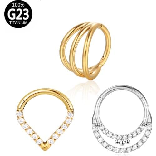 G23 Titanium zircon Nose Ring 3 sides Out Design Side Facing Hinged Segment Perforated nose Piercing Cartilage Earring Jewelry