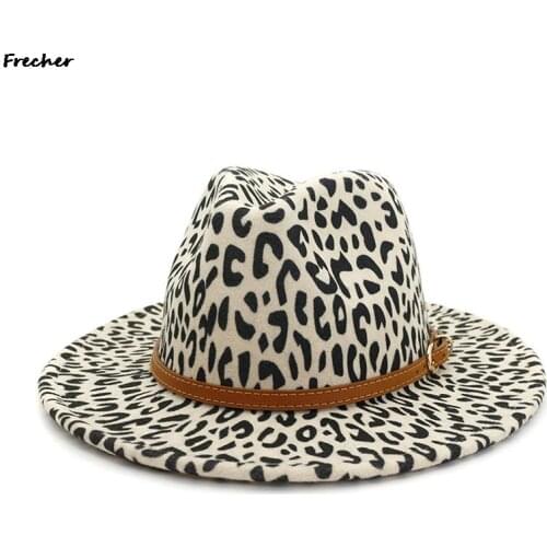 Leopard Wool Jazz Fedora Hats Casual Women Leather Belt Felt Hat Ladies Panama Trilby Female Party Cap Sombrero