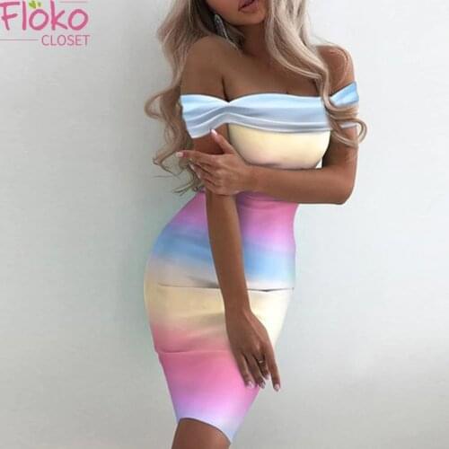 Flokoclsoet Summer Slash Neck Print Sheath Mini Dress Sexy Off The Shoulder Party Club Sundress for Women