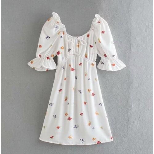 Sweet White Printing Dresses for Women Butterfly Sleeve Mini Skirt Retro Waist Short Dresses Szie S-L