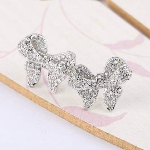 Cute Female Wedding Bling Earring Kawaii Big Bowknot Earrings For Women Zircon Fashion Silver Color Filled Engagement Jewelry
