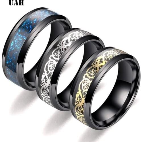 UAH Man Ring Blue Gold Carbon Fiber Black Dragon Inlay Comfort Fit Stainless steel Rings for Men Wedding Band Ring