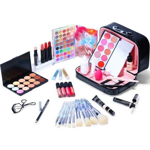 POPFEEL 25-piece Makeup Set Eye Shadow Lipstick Eyebrow Pencil Lip Gloss Makeup Brush Powder Puff With Makeup Bag Full Starter