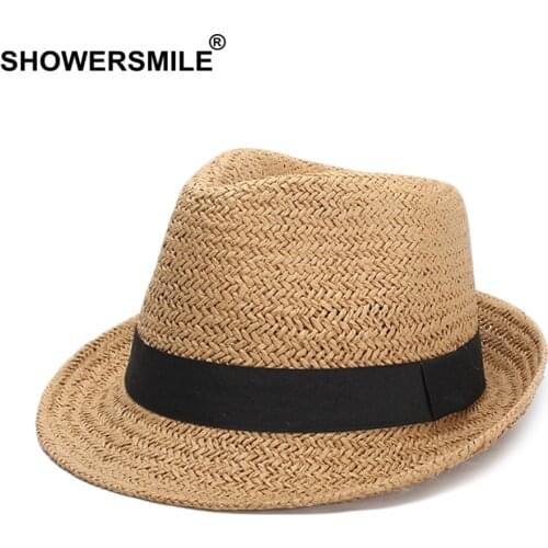 SHOWERSMILE Camel Sun Hat Men Straw Panama Hats For Women Summer Classic Beach Uv Cap Ladies Solid Ribbon Kids Hats And Caps