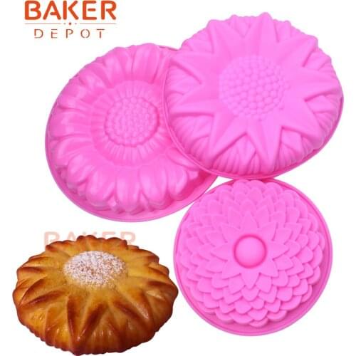 BAKER DEPOT silicone mold for cake pastry baking flower shape big cake pan 3D sunflower bread cakes bakeware form diy birthday