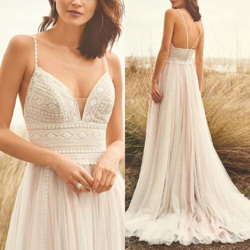 Robe De Mariee Boho Wedding Dress Lace Bodice Elegant Bridal Dress Vestidos Beach Wedding Dress Spaghett Straps Bride Dresses