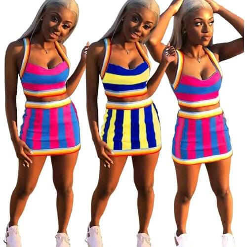 Rainbow Stripe Color Women 2 Piece Set Off Shoulder Tank Top + Pencil Mini Skirt Matching Night Club Party Tracksuit Vestidos