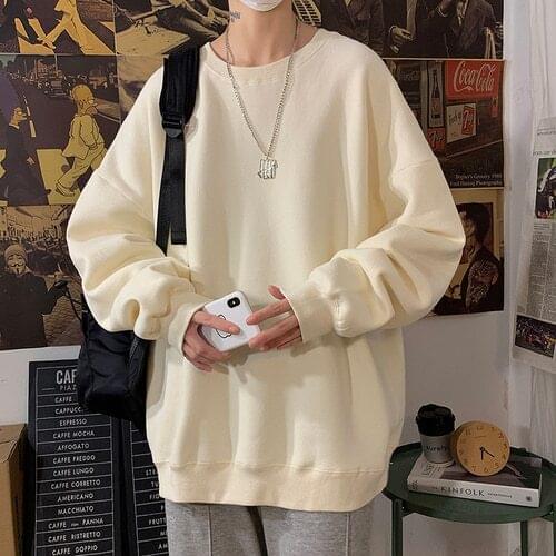 Mens Solid Color Sweatshirts 2021 Autumn Harajuku O-Neck Oversized Pullover Casual Plus Velvet Long Sleeve Basic Top Streetwear