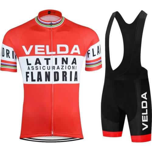 Flandria Red Bicycle cycling man Retro Mtb Cycl Clothing Set Shirt Short sleeve Bike Enduro Retro Jersey suit Tripel Bib short