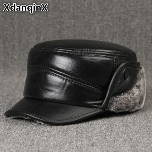 XdanqinX Genuine Leather Mens Winter Hats Plus Velvet Thick Fur Warm Sheepskin Military Hat With Ears Windproof Dads Flat Cap