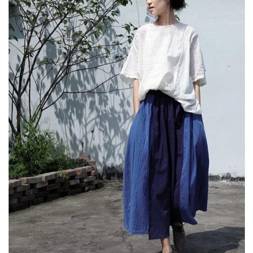 Women Loose Elastic Waist Patchwork Cotton Linen Skirts Ladies Vintage Spliced Skirt Female 2021 Spring Summer Skirts