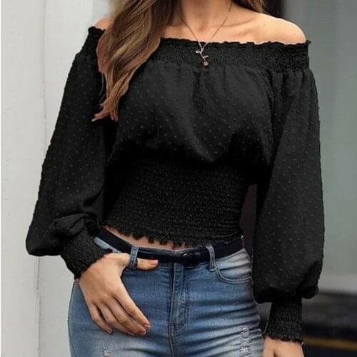 Womens Sexy T Shirt Off Shoulder Tops Early Autumn Chiffon T-Shirts Party Casual T-Shirt For Women Slash Neck TShirt